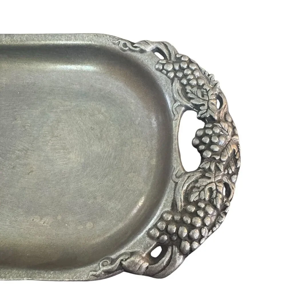 Vintage Pewter Serving Tray Dish Ornate Grape Handles 11.5